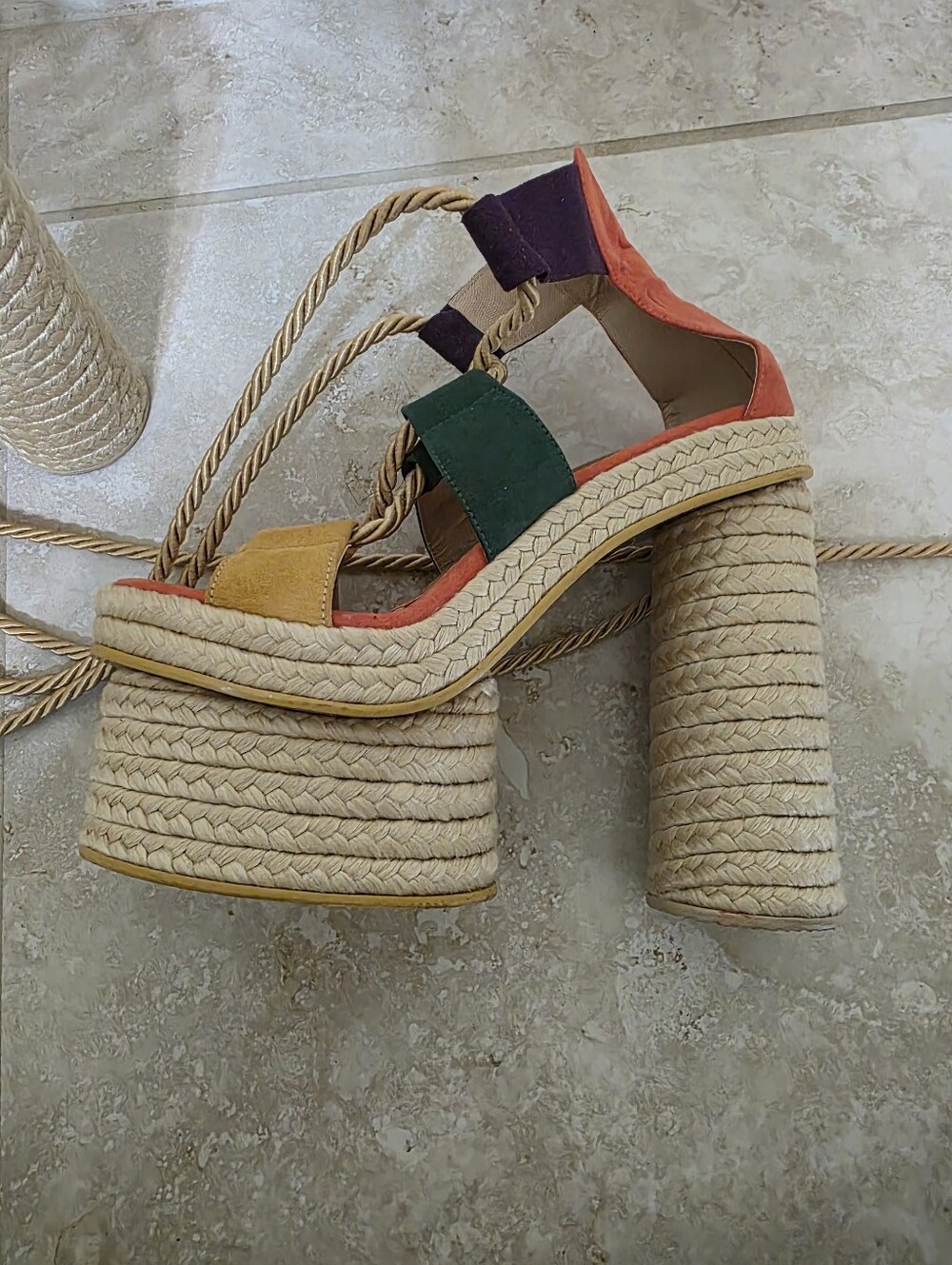 Vibrant Colorblock Platform Espadrille Lace-Up Sandals. US 6.5